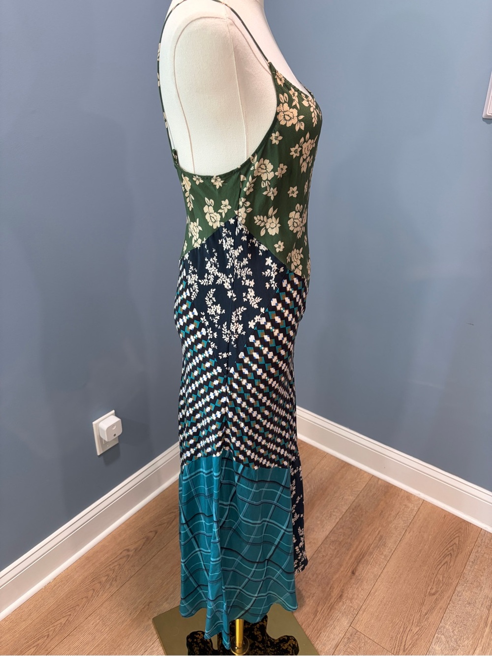 Anthropologie Kachel Patchwork 100% Silk Bias Cut Maxi Dress Green Blue Floral - Picture 6 of 8